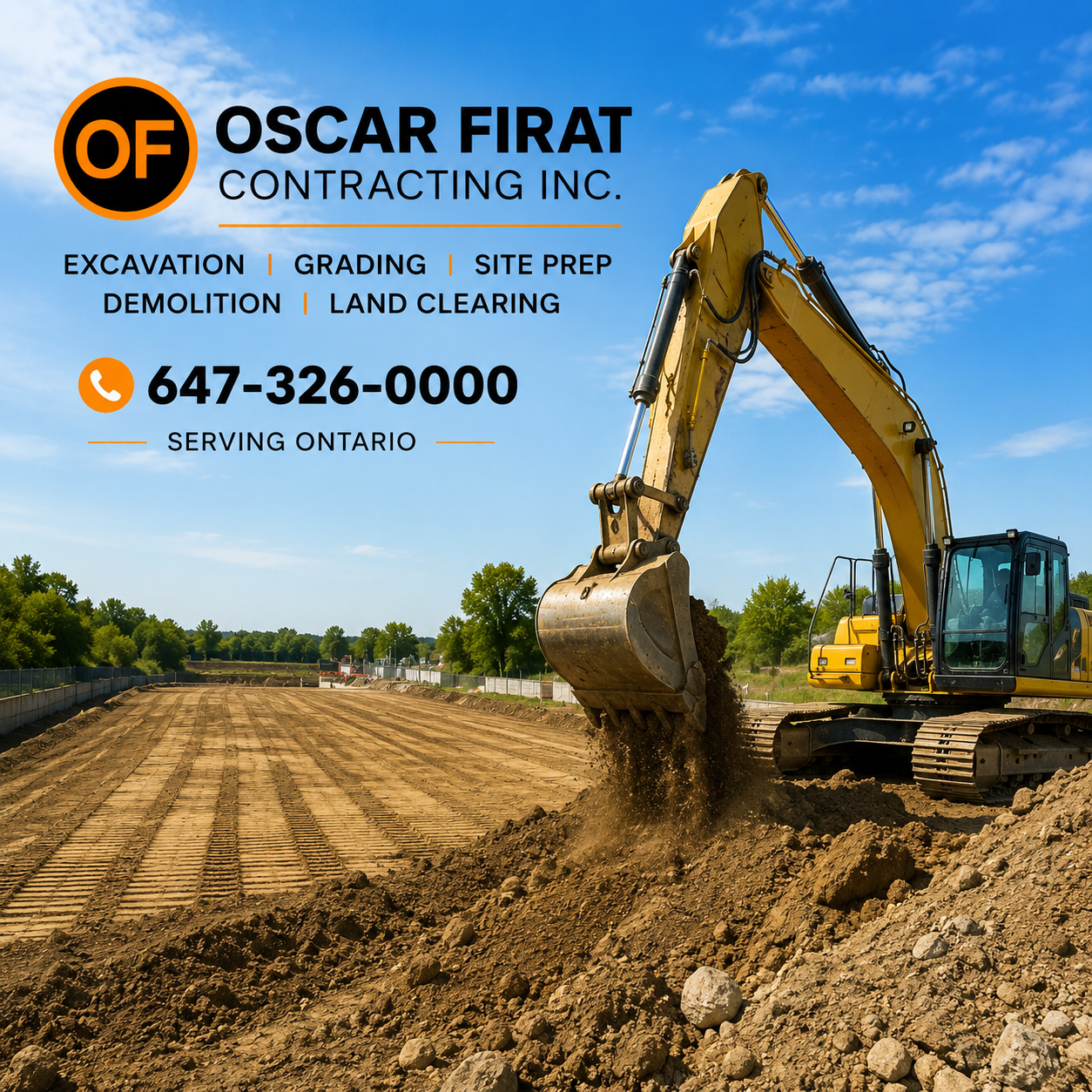 Oscar Firat Contracting excavator performing excavation, grading, and site preparation work in Ontario